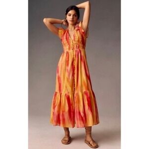 NWT!! ANTHROPOLOGIE The Peregrine Midi Dress Tie Dye Smocked Ruffled X-Small